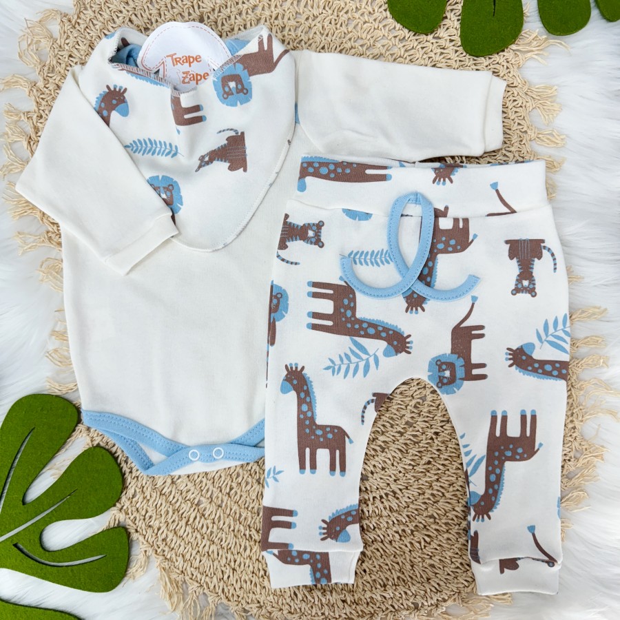 Conj. Body Manga Longa, Calça e Babador Bandana Safari Grande - Azul e Off 